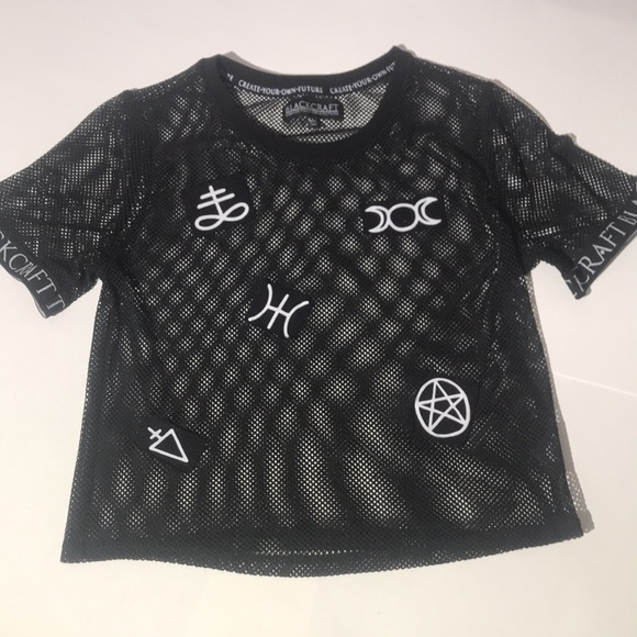 BlackCraft mesh fishnet symbols top shirt womens black witchcore goth punk - Picture 4 of 7